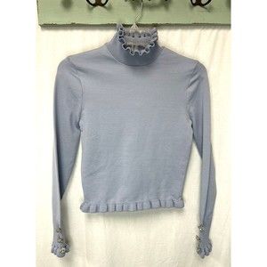 Zara Womens Sweater Ruffle edge's Turtleneck Lightweight Blue Size S Jewels NWT